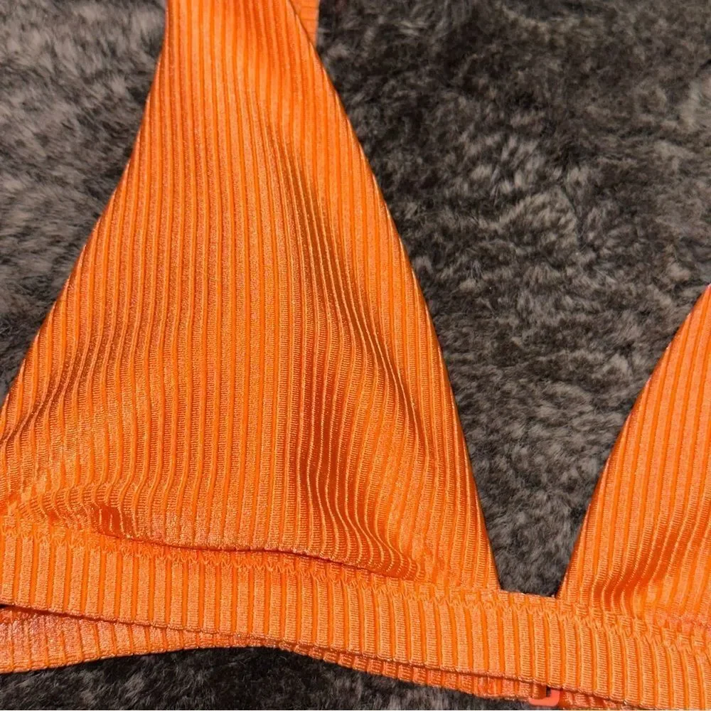 Aerie Orange Shimmer Ribbed Triangle Padded Bikini Top XS Pool Lake Beach Cruise
